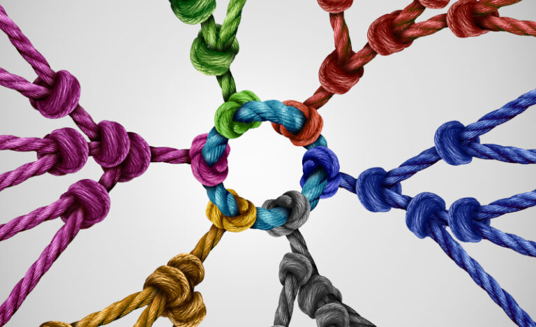 Colorful rope network illustrating interconnectedness and communication