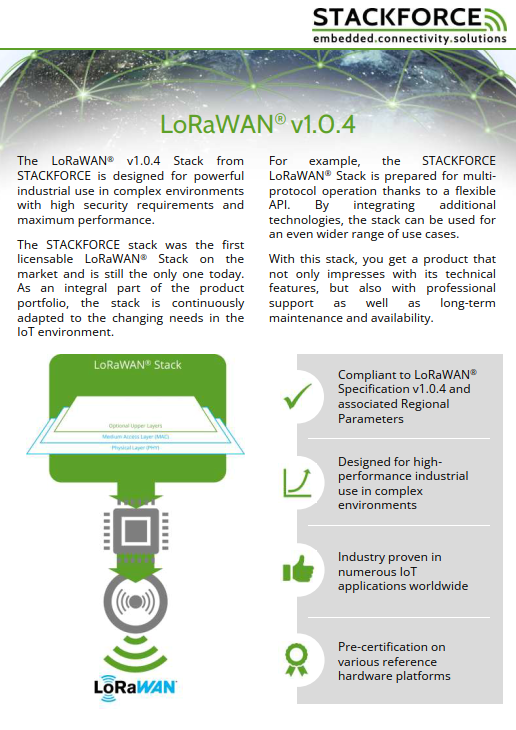 Cover page of the LoRaWAN® v1.0.4 protocol stack flyer