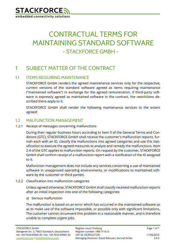 Cover page of the Terms and Conditions for the Maintenance of Standard Software