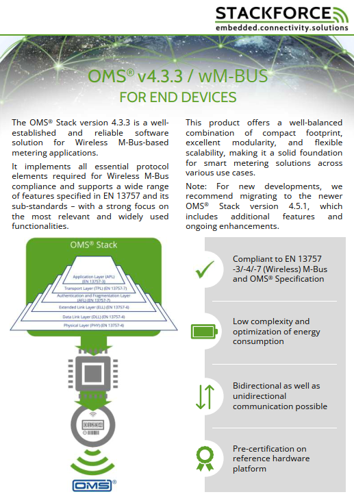 Cover page of the OMS® v4.3.3 / wireless M‑Bus stack for End Devices flyer