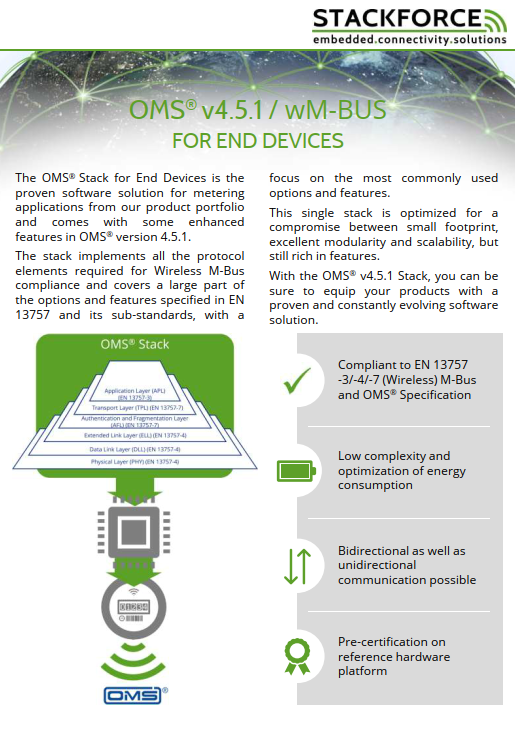 Cover page of the OMS® v4.5.1 / wireless M‑Bus stack for End Devices flyer