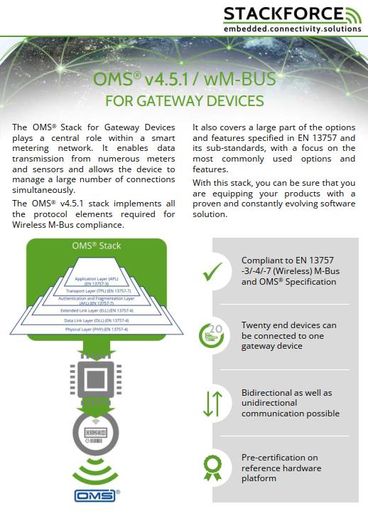 Cover page of the OMS® v4.5.1 / wireless M‑Bus stack for Gateways flyer