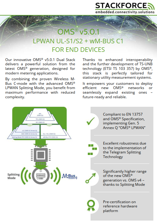 Cover page of the OMS® v5.0.1 LPWAN UL-S1/S2 + wM-Bus C1 stack flyer