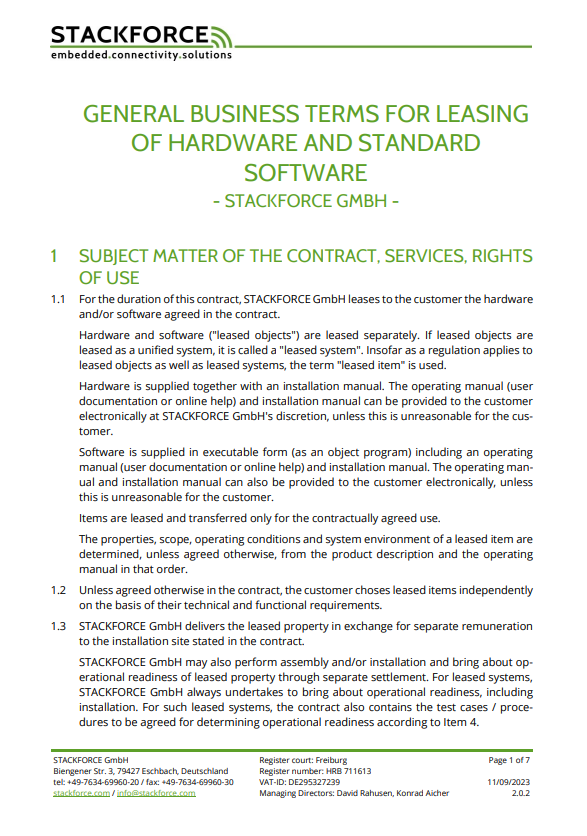 Cover page of the Terms and Conditions for the Rental of Hardware and Standard Software