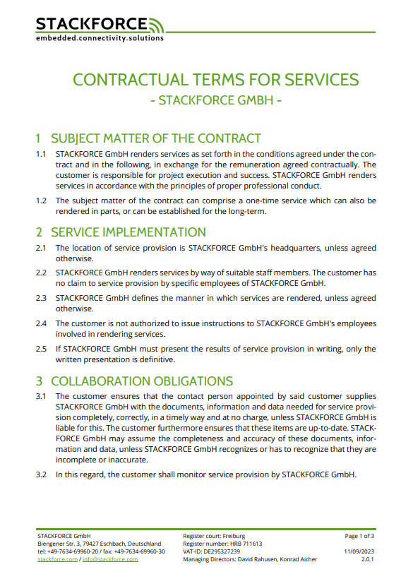 Cover page of the Terms and Conditions for the Provision of Services