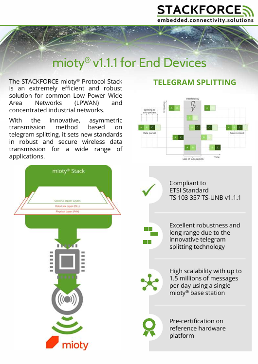Cover page of the mioty® v1.1.1 protocol stack flyer
