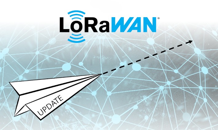 The image shows a paper airplane intended to symbolize the LoRaWAN firmware update being delivered over the air
