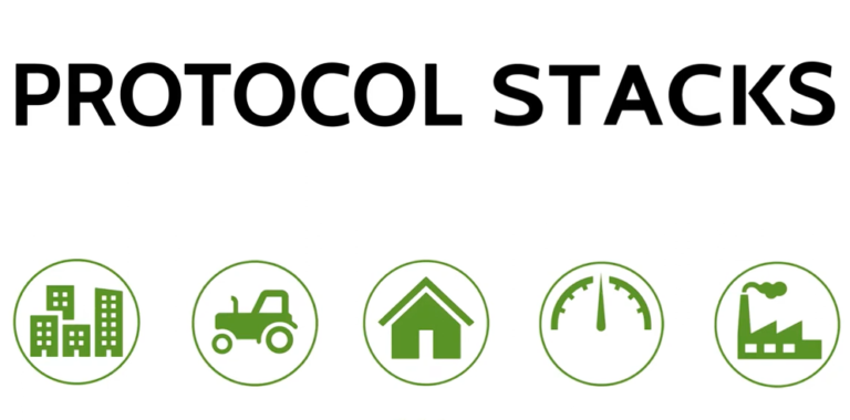 Icons of a city, industry, house, meter illustrating application scenarios for Protocol stacks