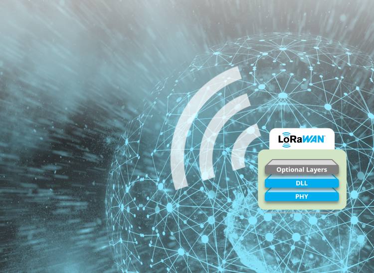 Graphic of a LoRaWAN stack architecture on top of a illustrated world