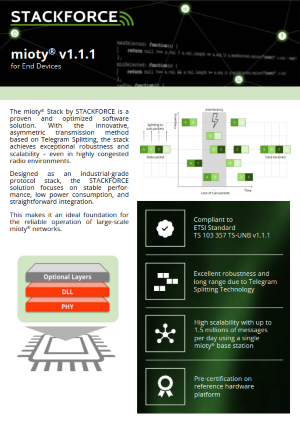 Cover page of the mioty® v1.1.1 for End Devices protocol stack flyer