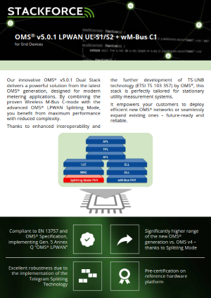Cover page of the OMS® v5.0.1 LPWAN UL-S1/S2 + wM-Bus C1 for End Devices protocol stack flyer
